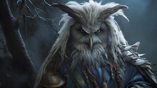 Silus the Hunter, Horned Owl of the Woods, Protector of Dreamers and Thinkers, The Cylon in the Forest, The Grey Star Whose Lair is a Passing Cloud at Night:: Religious depiction of an old god, in the manner of shinto and celtic spirits or the indigenous gods of the Americas, a 