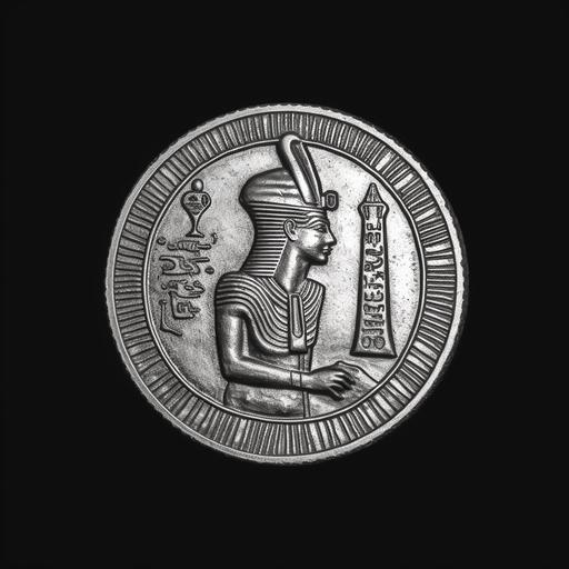 Silver Egyptian coin, black background, high definition --v 5