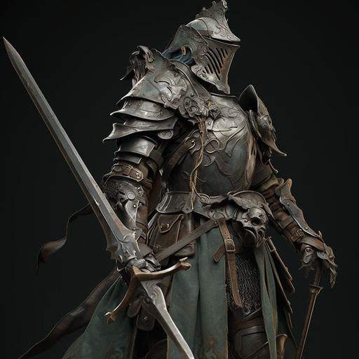 Medieval, Silver Knight, light armor, Dirty, Silver Sword, Old, Scratch, Green Cloak, Showing Legs, Three Sides, 2D Expression, 3D Model Figure, ZBrush, Front Full Body, Elaborate, geometric pattern, inconsistent helmet, simple but elaborate pattern, silver longsword, front and back view, noble knight, crusader helmet, Hero, elden ring, light, oen thumb and four fingers, blended leather, photorealism, in the style of realistic and hyper-detailed renderings, --niji 5 --style expressive