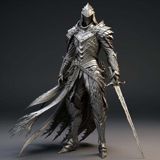 Medieval, Silver Knight, light armor, Dirty, Silver Sword, Scratch, silver Cloak, Showing Legs, 2D Expression, 3D Model Figure, ZBrush, Front Full Body, Elaborate, geometric pattern, simple but elaborate pattern, silver longsword, silver hair sticking out, front and back view, adventurer, crusader helmet, cross face, Hero, oen thumb and four fingers, blended leather, photorealism, in the style of realistic and hyper-detailed renderings