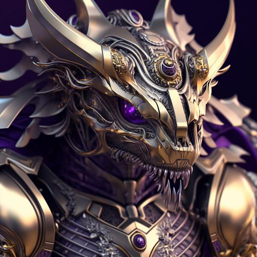 Silver dragon in the style of HR Giger mixed with Hyperrealistic detailed face of the mecha purple eyes tiger goddess armored golden exosuit, golden scale element, intricate, futuristic, sci - fi elements, gold cions elements, symmetrical, high polish metal surface, 3D art, pixar trending, 16k, UHD, cinematic lighting