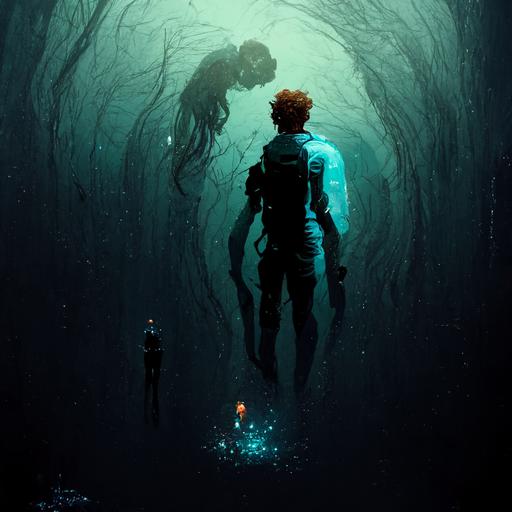 Simon Jarret from the game SOMA, standing in an underwater abyss with another person who is a mermaid. Bioluminescent, romantic.