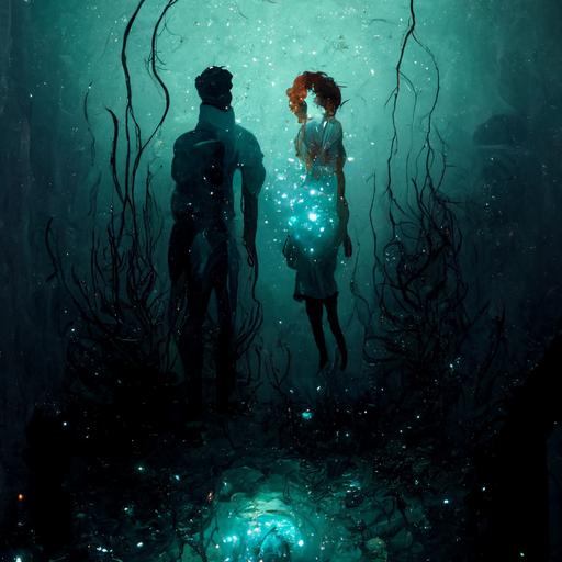 Simon Jarret from the game SOMA, standing in an underwater abyss with another person who is a mermaid. Bioluminescent, romantic.