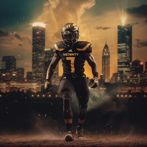 Simoni Lawerence in full equipment with fire coming off his back walking directly towards the camera. Black tinted visor. Giant Ticats Hammer logo illuminated in the background. Background is the Hamilton Skyline.