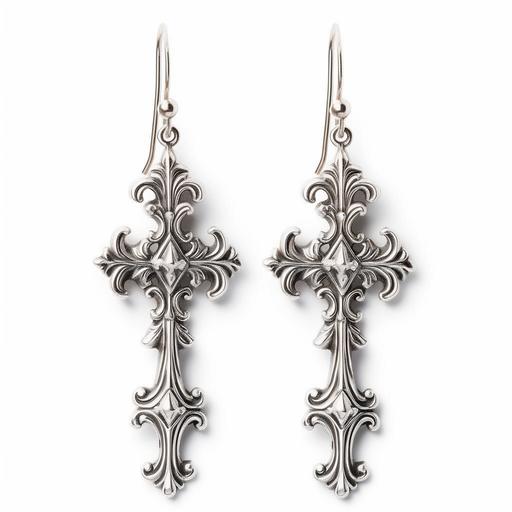 Simple: Chrome Hearts Cross Earrings, Silver Metallic Texture, White Background, High Definition.