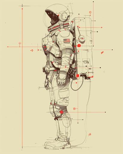 Simple Pen sketch of futuristic astronaut suit, spacesuit, highly detailed, strong contours, measurements and notes around the artwork, technical drawing, precise, sref sketch::6 blue marker, red marker::2.5 illustration, detailed, on natural paper background:: --ar 4:5 --stylize 250 --v 6.0
