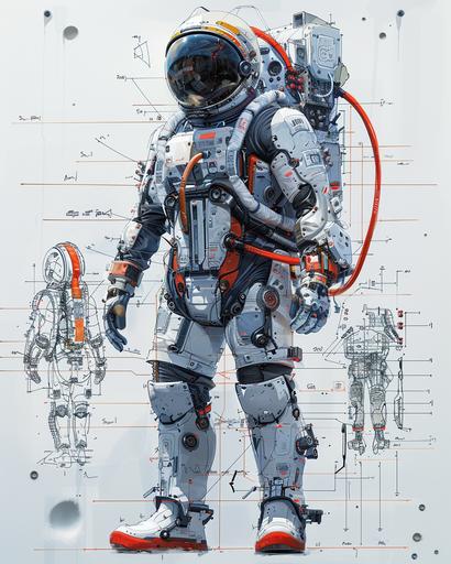 Simple Pen sketch of futuristic astronaut suit, spacesuit, highly detailed, strong contours, measurements and notes around the artwork, technical drawing, precise, sref sketch::6 blue marker accent, red marker::2.3 illustration, detailed, on natural paper background, creative:: --ar 4:5 --stylize 250 --v 6.0