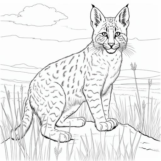 Simple cartoon bobcat in a field, no color, thick lines, no shading, low detail, kids coloring book page style