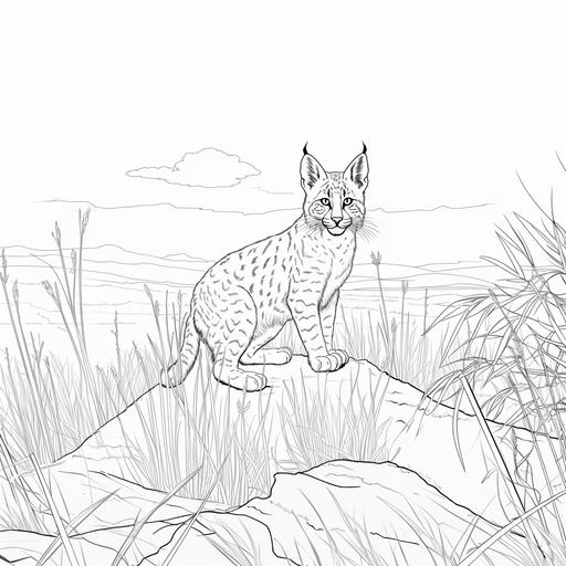 Simple cartoon bobcat in a field, no color, thick lines, no shading, low detail, kids coloring book page style