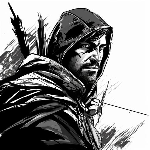 Simple cartoon rogue with bow and arrow, stoic man, stylised comic outline, abstract, 8k, close up, black and white, sketch, 2d, epic