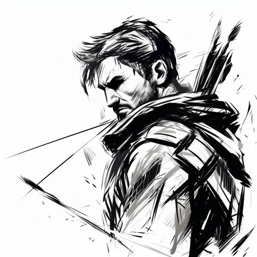 Simple cartoon rogue with bow and arrow, stoic man, stylised comic outline, abstract, 8k, close up, black and white, sketch, 2d, epic