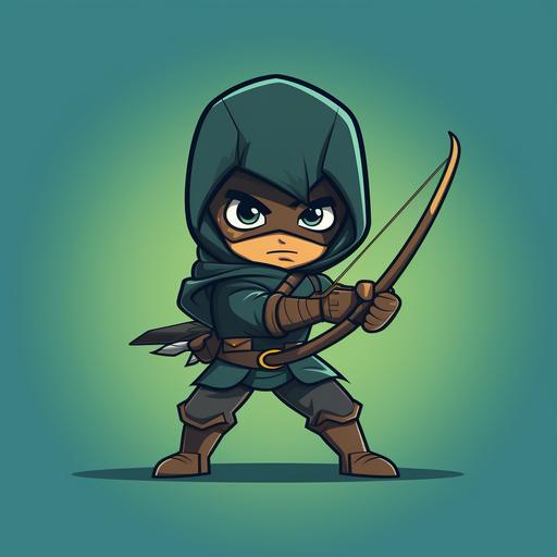 Simple cartoon rogue with bow and arrow, stylised comic outline, 8k
