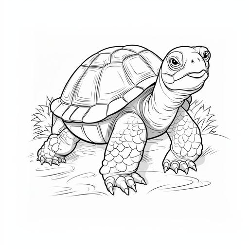 Simple cartoon tortoise, no color, thick lines, no shading, low detail, kids coloring book page style