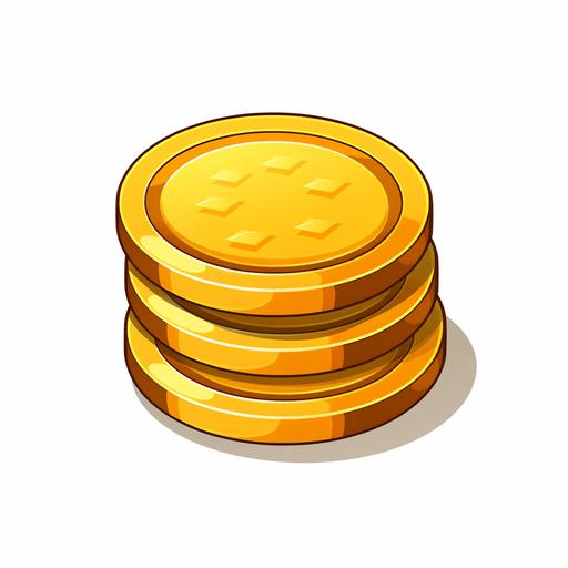 Simple gold coin icon, cartoon style, using 2D game art style, white background, 2 gold coins standing up, the middle pattern is a circle