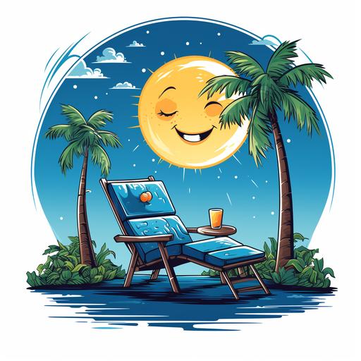 Simplified cartoon drawing of a woman lying on a deck chair, sunbathing and drinking a cocktail, on a small deserted island in the shape of a smiley face, with a palm tree in the middle, surrounded by uniform blue --s 250