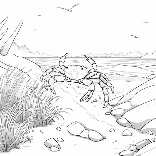 Simplified coloring page for kids of a blue crab on the bank in a cartoon style, thick lines, black and white, no color, low detail