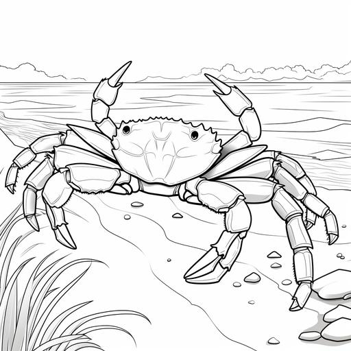 Simplified coloring page for kids of a blue crab on the bank in a cartoon style, thick lines, black and white, no color, low detail