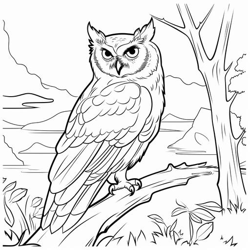 Simplified coloring page for kids of a real eastern screech owl on the bank in a cartoon style, thick lines, black and white, no color, low detail