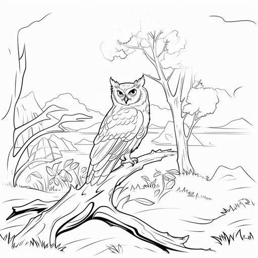 Simplified coloring page for kids of a real eastern screech owl on the bank in a cartoon style, thick lines, black and white, no color, low detail