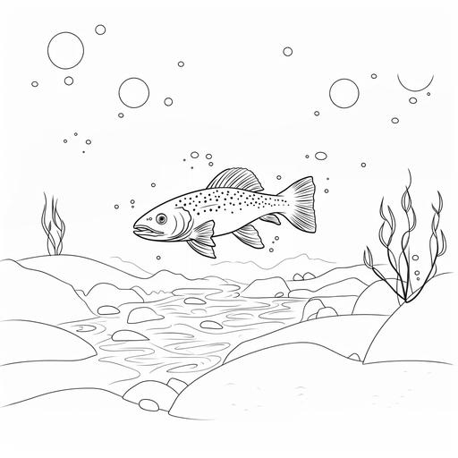 Simplified coloring page for kids of a realistic speckled trout in a river in a cartoon style, thick lines, black and white, no color, low detail