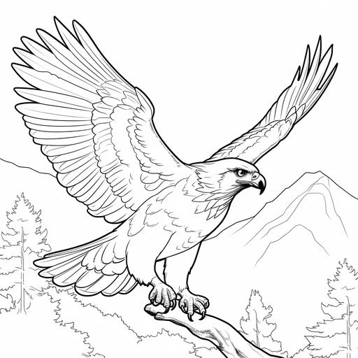 Simplified coloring page for kids of a realistic Red tailed hawk flying over Tennessee, thick lines, black and white, no color, low detail