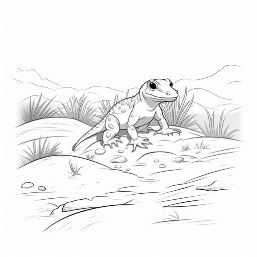 Simplified coloring page for kids of a realistic salamander in the Desert in a cartoon style, thick lines, black and white, no color, low detail