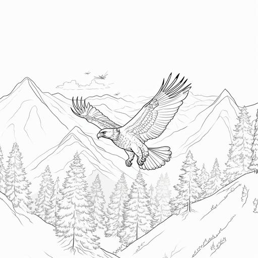 Simplified coloring page for kids of a realistic Red tailed hawk flying over Tennessee, thick lines, black and white, no color, low detail