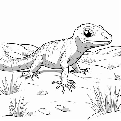 Simplified coloring page for kids of a realistic salamander in the Desert in a cartoon style, thick lines, black and white, no color, low detail