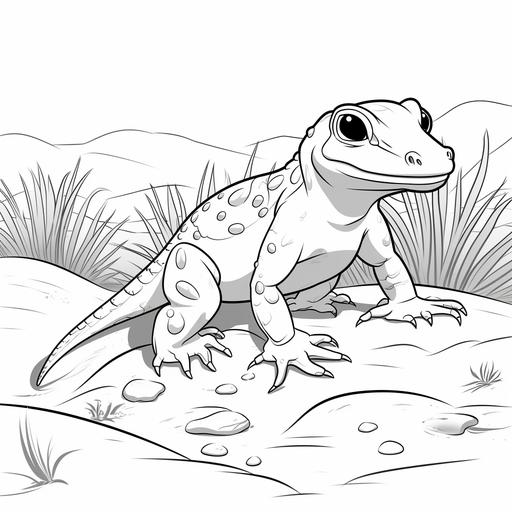 Simplified coloring page for kids of a realistic salamander in the Desert in a cartoon style, thick lines, black and white, no color, low detail