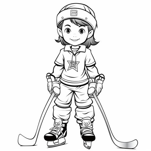 Simplified coloring page for kids of a realistic female hockey player wearing pants in a cartoon style, thick lines, black and white, no color, low detail