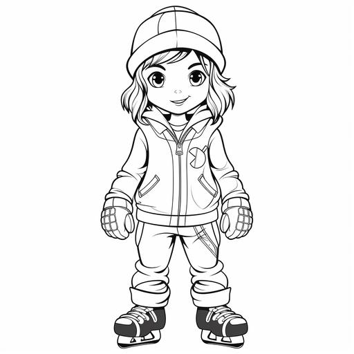 Simplified coloring page for kids of a realistic female hockey player wearing pants and a hood in a cartoon style, thick lines, black and white, no color, low detail