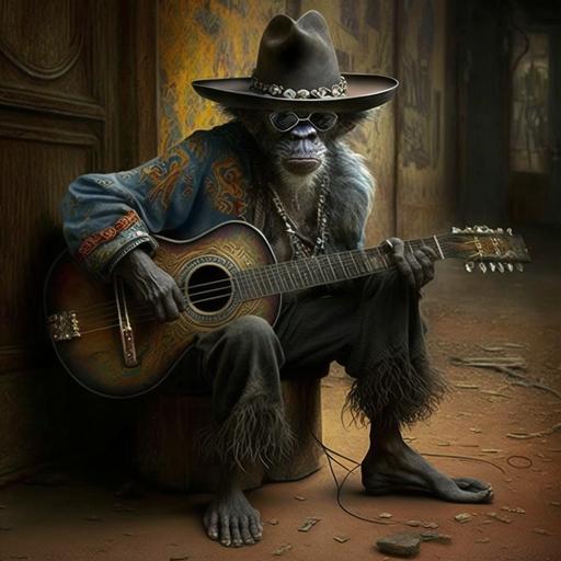 um macaco cowboy xerife, tocando uma guitarra semi acustica, com uma placa do lado escrito 