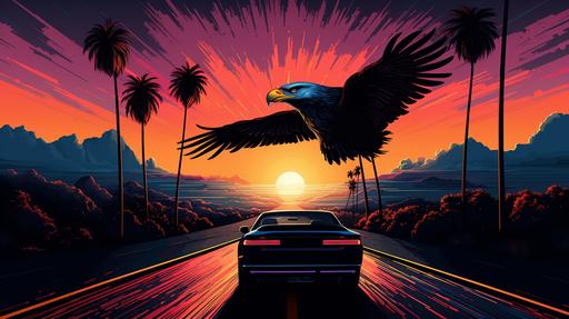 Simurgh in a convertible, cruising on a highway that stretches to a neon horizon, palm trees in silhouette --ar 16:9