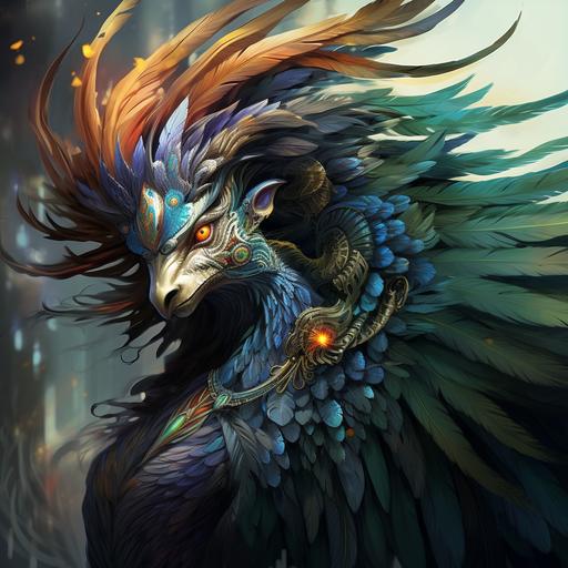 Simurgh. Giant winged creature. Peacock body. Dog's head. Lion claws. Human face. Female. Epic fantasy art.