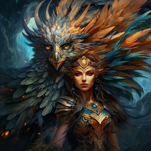 Simurgh. Giant winged creature. Peacock body. Dog's head. Lion claws. Human face. Female. Epic fantasy art.