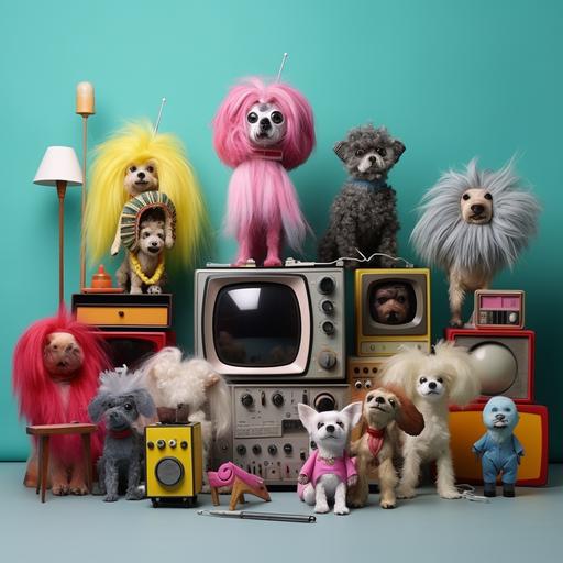 lumino kinetic television set. a lot of cute dogs arround with wigs and funny accessories
