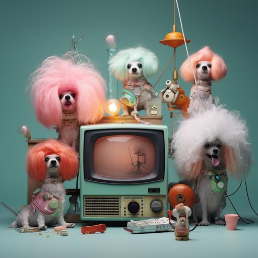 lumino kinetic television set. a lot of cute dogs arround with wigs and funny accessories