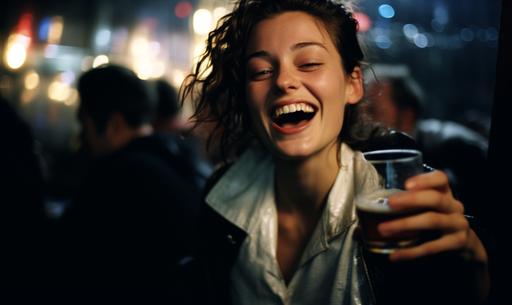 Singing Leonora had to wait a long time, she ordered beer, nightclub photo, close-up, 1997, clubbed, portrait, bokeh, 50mm, 1. 4, Leica, Nikon, national geographic, editorial, documentary, Kodak film, no flash, low light --ar 5:3