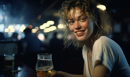 Singing Leonora had to wait a long time, she ordered beer, nightclub photo, close-up, 1997, clubbed, portrait, bokeh, 50mm, 1. 4, Leica, Nikon, national geographic, editorial, documentary, Kodak film, no flash, low light --ar 5:3