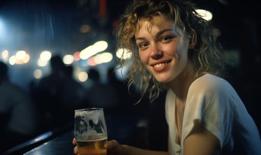 Singing Leonora had to wait a long time, she ordered beer, nightclub photo, close-up, 1997, clubbed, portrait, bokeh, 50mm, 1. 4, Leica, Nikon, national geographic, editorial, documentary, Kodak film, no flash, low light --ar 5:3