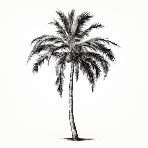 Single palm tree, black and white, 2D illustration, clean and sharp inking, white background