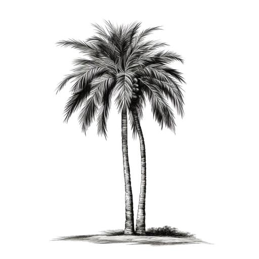 Single palm tree, black and white, 2D illustration, clean and sharp inking, white background