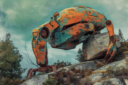 Sisyphean rusty orange mech pushing boulder up a coniferous ridge. Color photography in 1960s orange green and blue --ar 3:2 --v 6.0