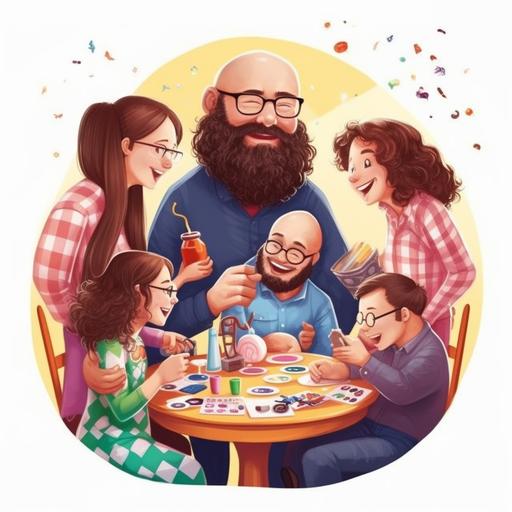 Six friends playing board games. One male big and fat, one guy bald with a beard, one guy with a beard and glasses, one girl with curly hair, one small girl and one pregnant girl