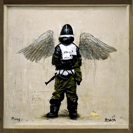 an angel dressed in ploice riot gear, by banksy