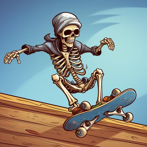 Skeleton Skateboarder: A cartoon skeleton performing tricks on a skateboard with bones forming ramps and obstacles.