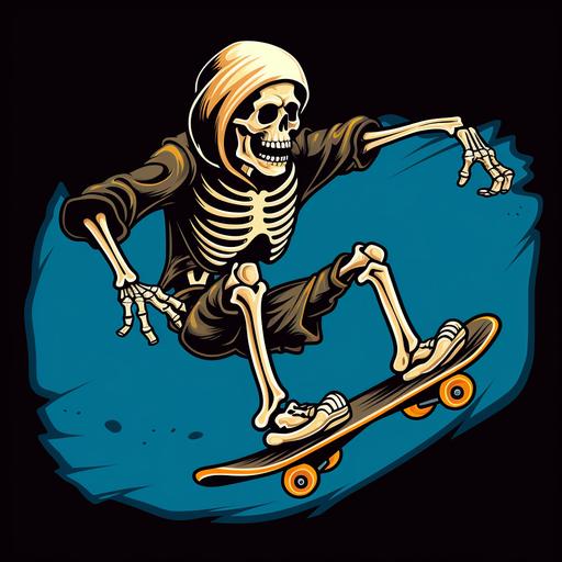 Skeleton Skateboarder logo: A cartoon skeleton performing tricks on a skateboard with bones forming ramps and obstacles.