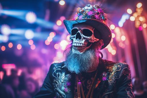 Skeleton with beard and funky clothes, funky hat,🎆 fireworks in the eye sockets, tattoos on the bones, concert in church, colorful lights --ar 3:2 --v 5.2