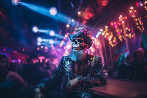 Skeleton with beard and funky clothes, funky hat,🎆 fireworks in the eye sockets, tattoos on the bones, concert in church, colorful lights --ar 3:2 --v 5.2