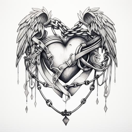 Sketch a realistic tattoo design of a heart with a bandage and chains, surrounded by wings, on a white background. Pay attention to the intricate details of the bandage, feathers,chains and shading
